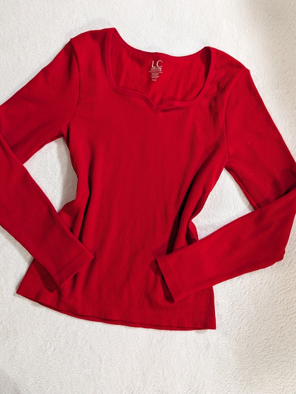 LC Couture Red Ribbed Long Sleeve Scoop Neck Top Blouse, Size Small